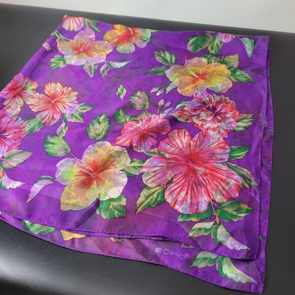 Echo Floral Hibiscus Purple Silk Scarf 34" X 34.75" - Picture 8 of 10